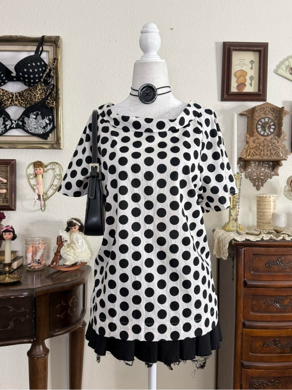 Girly grunge quirky twee black and white polkadot blouse